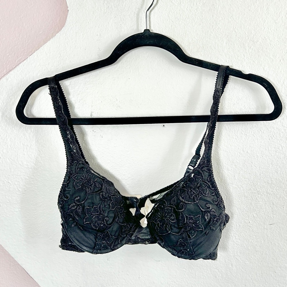Vtg 1990s Victoria's Secret Bra Sz 34B Black‎ Embroidered Floral